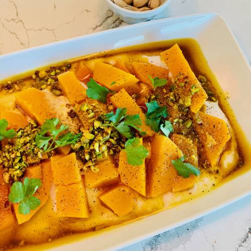 ROASTED BUTTERNUT SQUASH OVER YOGURT WITH SPICED PISTACHIO BUTTER